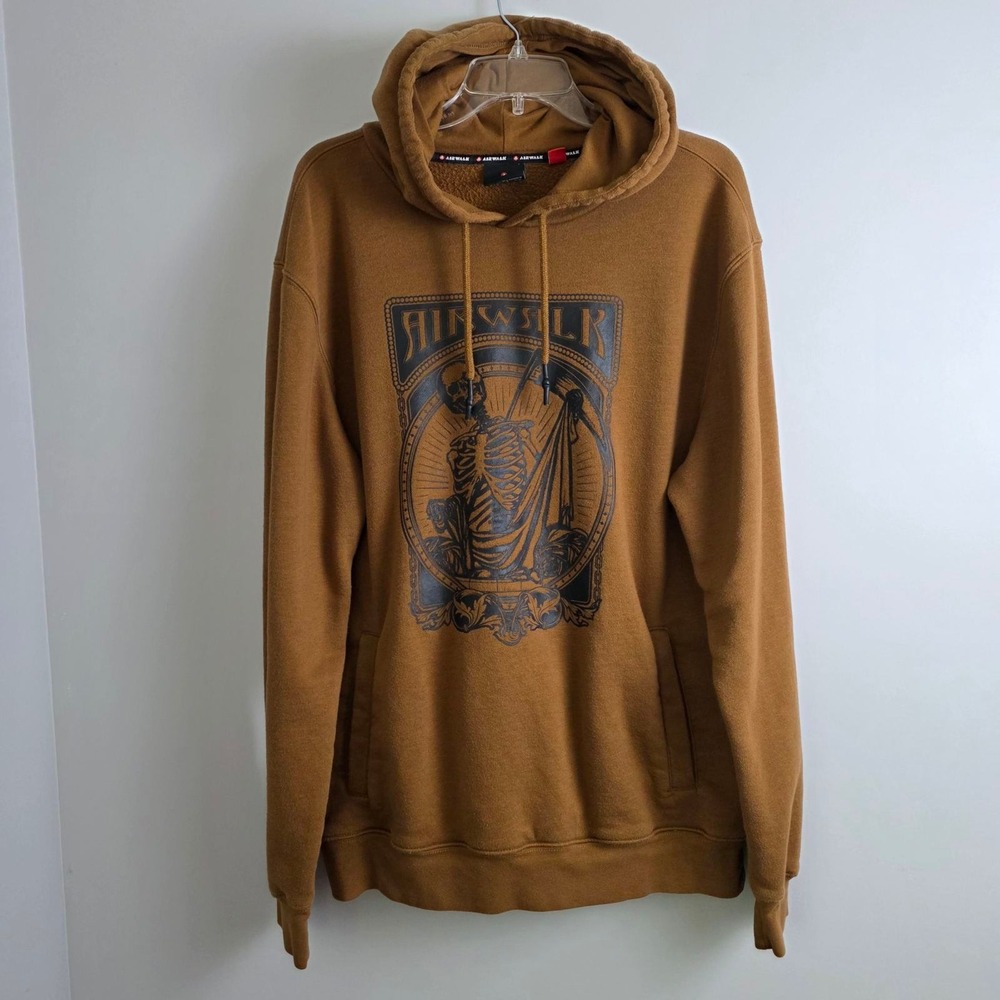 Airwalk Men's XL Brown Skeleton Grim Reaper Graphic Fleece Hoodie Sweatshirt